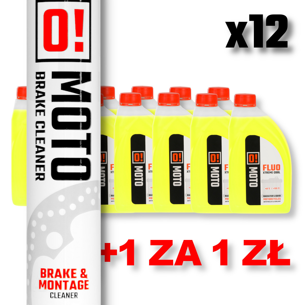 OMOTO sada 12 kus chladící kapalina 1L O! fluorescenční XtremE COOL + OMOTO sprej čistší DO brzd 750ML O! BRAKE CLEANER AND MONTAGE CLEANER (OMOTO)